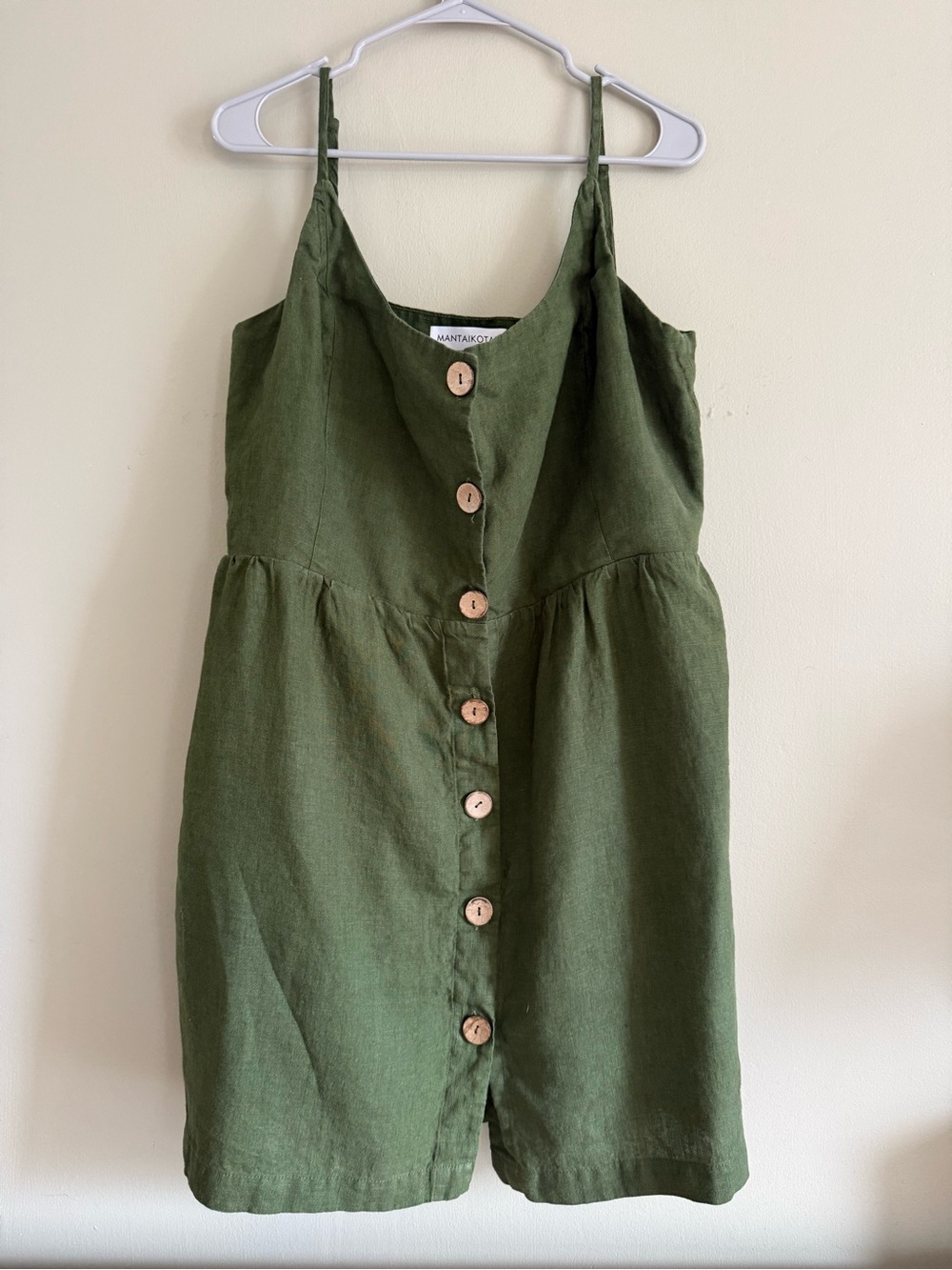 Mantaikotai 100% Linen Olive Green Button Front Dress XL Cottagecore